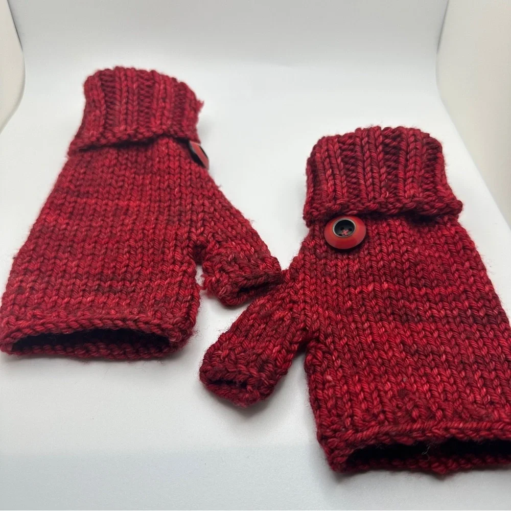 Red Knit Fingerless Gloves with Button